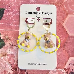 Teddy's Wonderland Yellow and Blue Beaded Gold Hoop Dangle Earrings